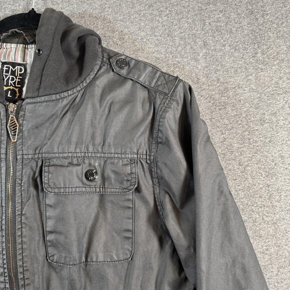 Empyre Jacket Mens Large Black Hooded Zip Bomber Epaulettes Pockets Ribbed Hem - Picture 7 of 11